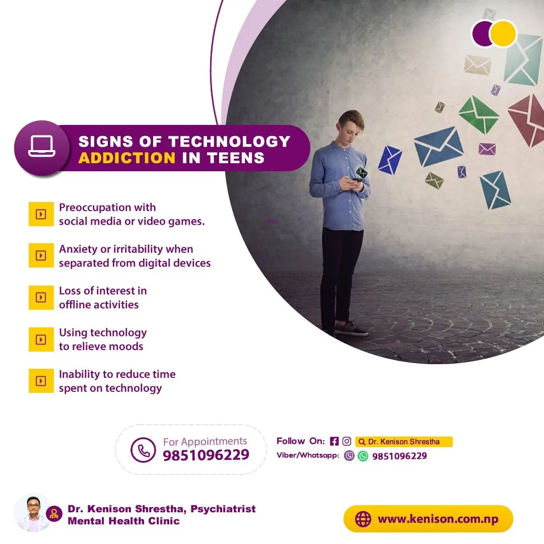 Sign reading 'Technology Addiction in Teens' with icons symbolizing smartphones and computers