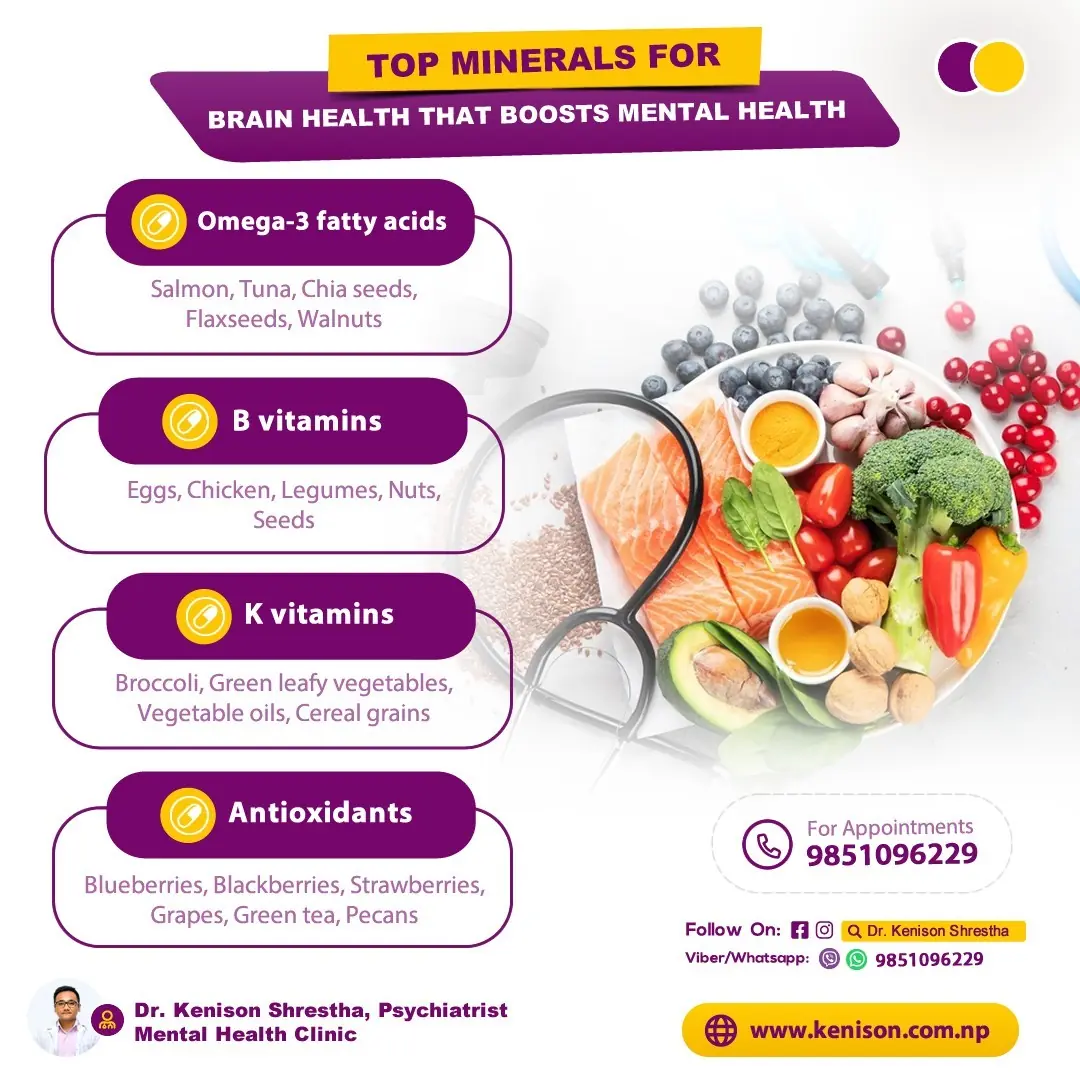 Text overlay on image: 'Top 10 Minerals for Brain Health that Boosts Mental Health' with icons of minerals